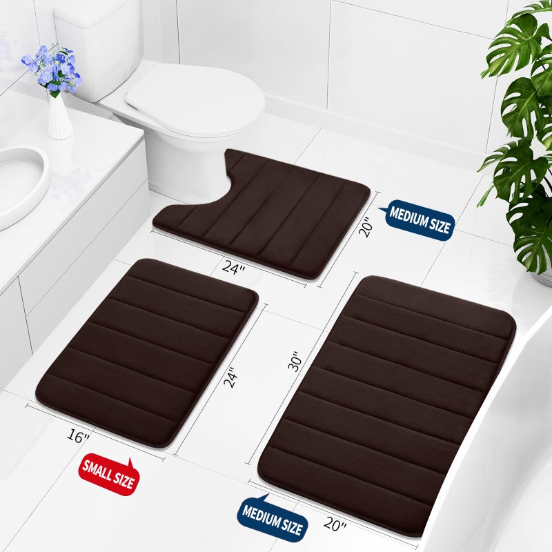 Buganda Memory Foam 3 Pieces Bathroom Rugs Set - Thick Soft Absorbent Non-Slip Bath Mats, Washable Small/Large/Contour Bath Rugs (24" x 16" + 30" x 20" + 24" x 20", Coffee) - Image 2